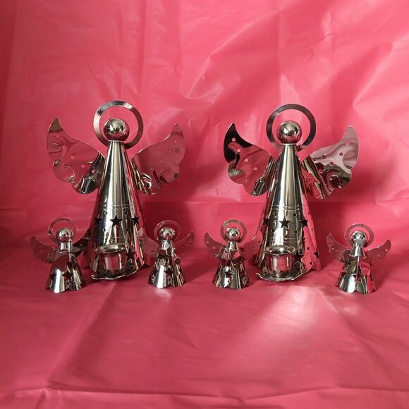 Christmas Angel Halo Candle Holder Metal Silver Tone Star Cutout Cherub Ornament - Picture 2 of 16